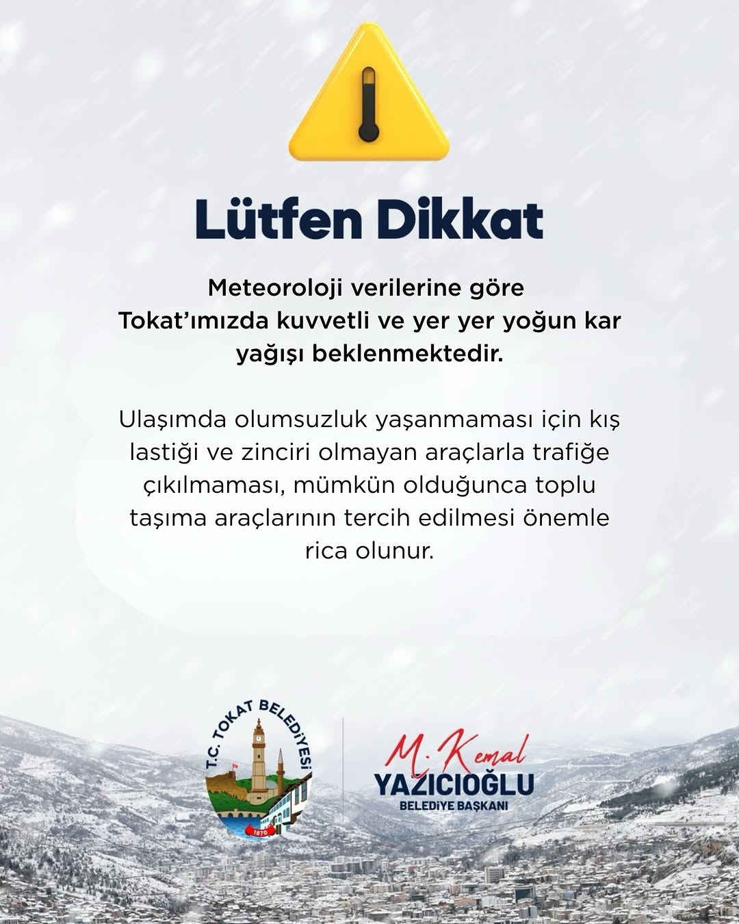 Tokat'ta Kuvvetli Kar Yağışı Uyarısı