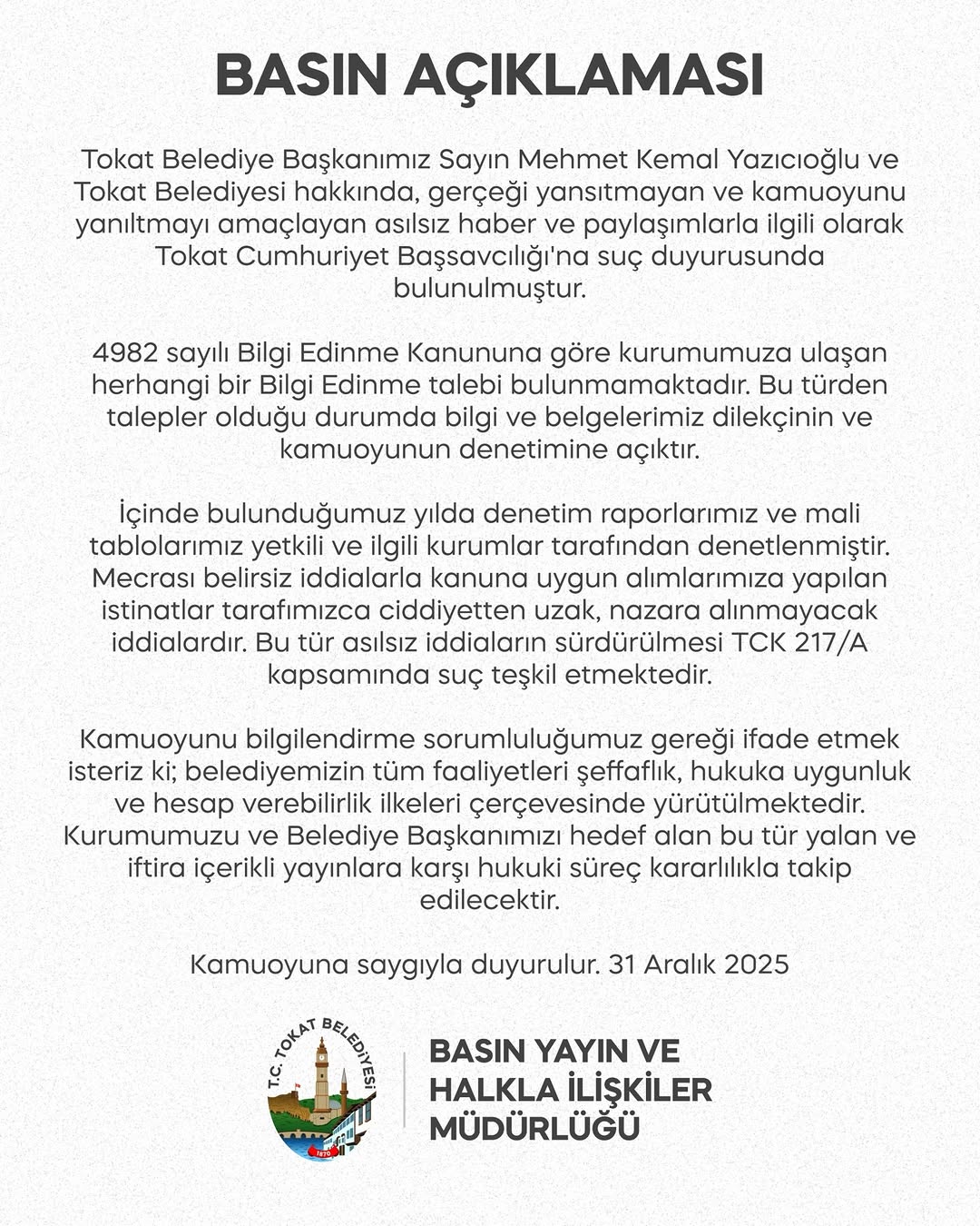 Tokat Belediyesi'nden Asılsız İddialara Suç Duyurusu