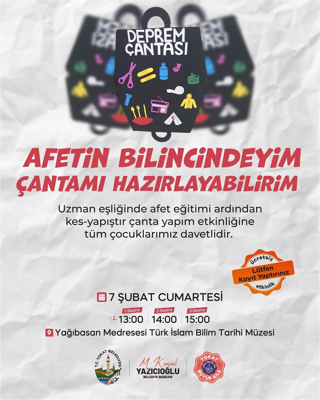 Tokat Belediyesi'nden Afet Bilinci Etkinliği: 'Çantamı Hazırlayabilirim'