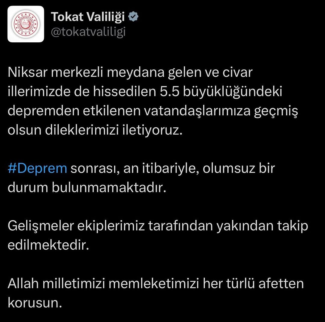 Niksar Merkezli Meydana Gelen 5.5 Büyüklüğündeki Depremde Vatandaşlarımıza Geçmiş Olsun Dilekleri