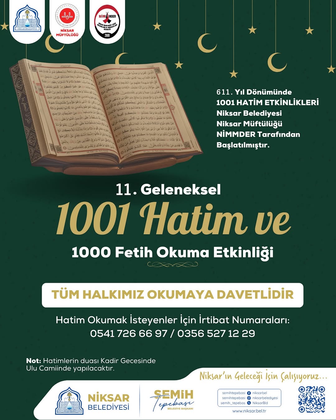 Niksar Belediyesi, Müftülük ve İmam Hatip Mezunları Derneği İş Birliğiyle Hatim ve Fetih Okuma Programı