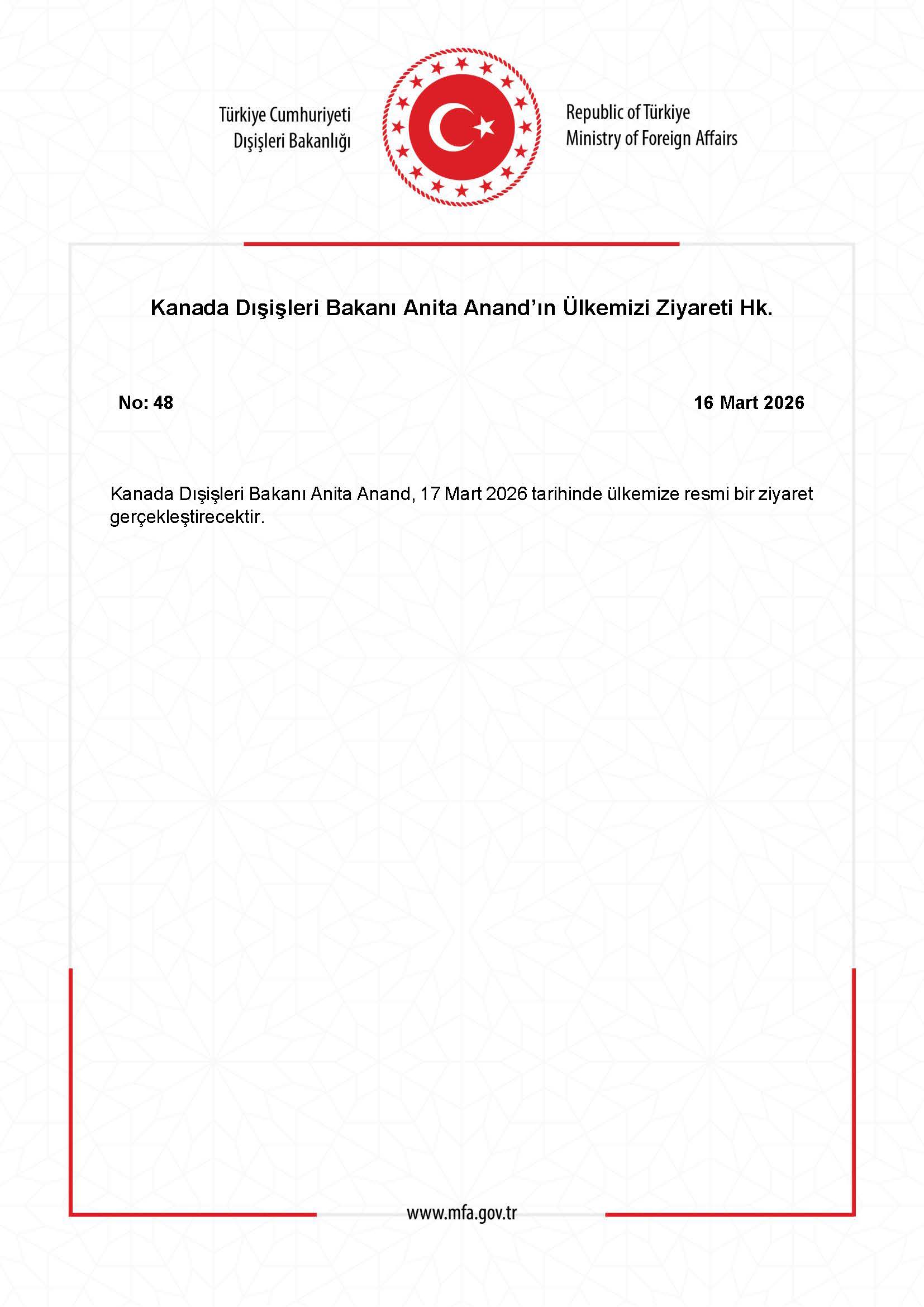 Kanada Dışişleri Bakanı Ziyareti