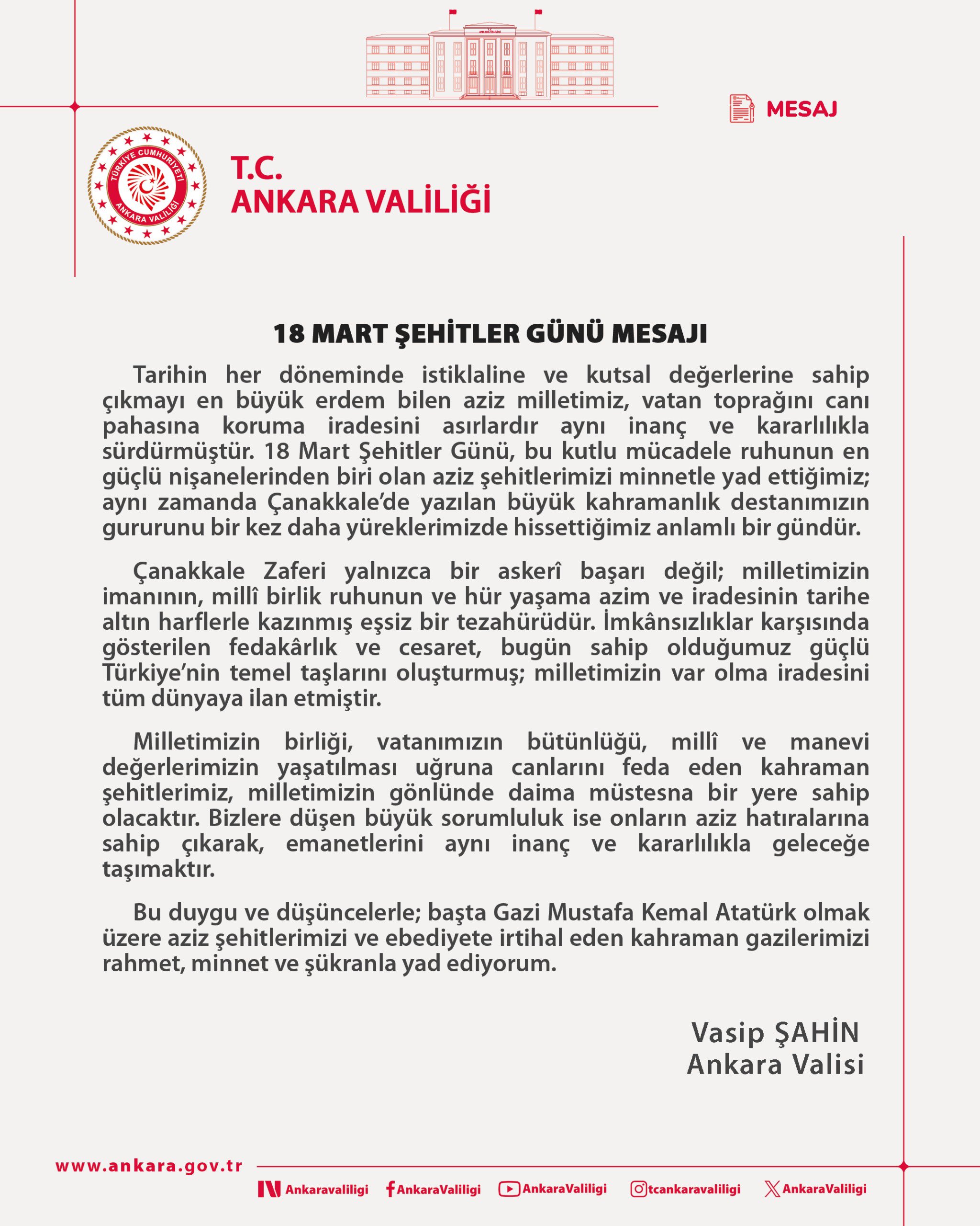 Şehitler Günü Mesajı