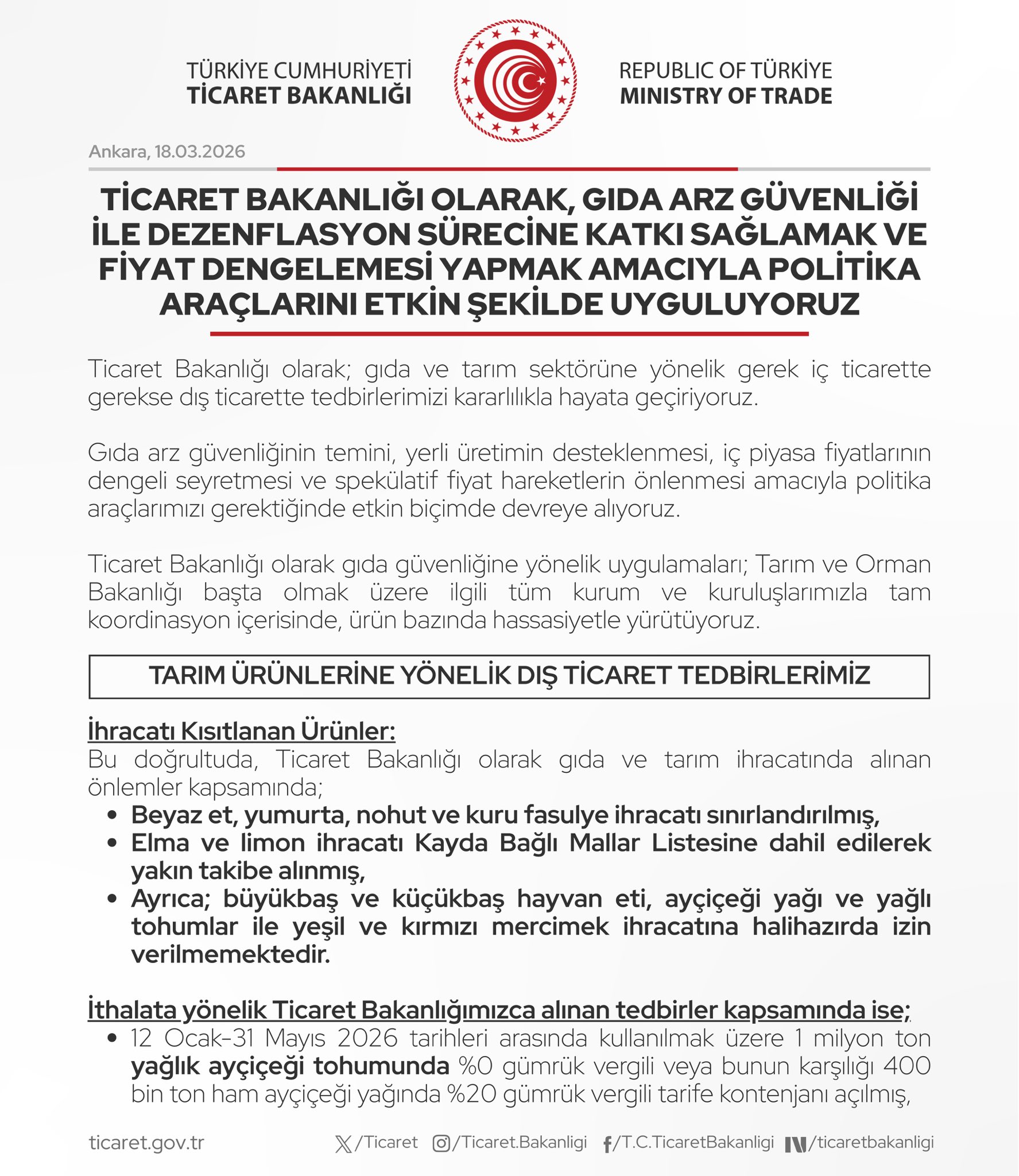 Ticaret Bakanlığı Fiyat Dengelemesi Sağlıyor