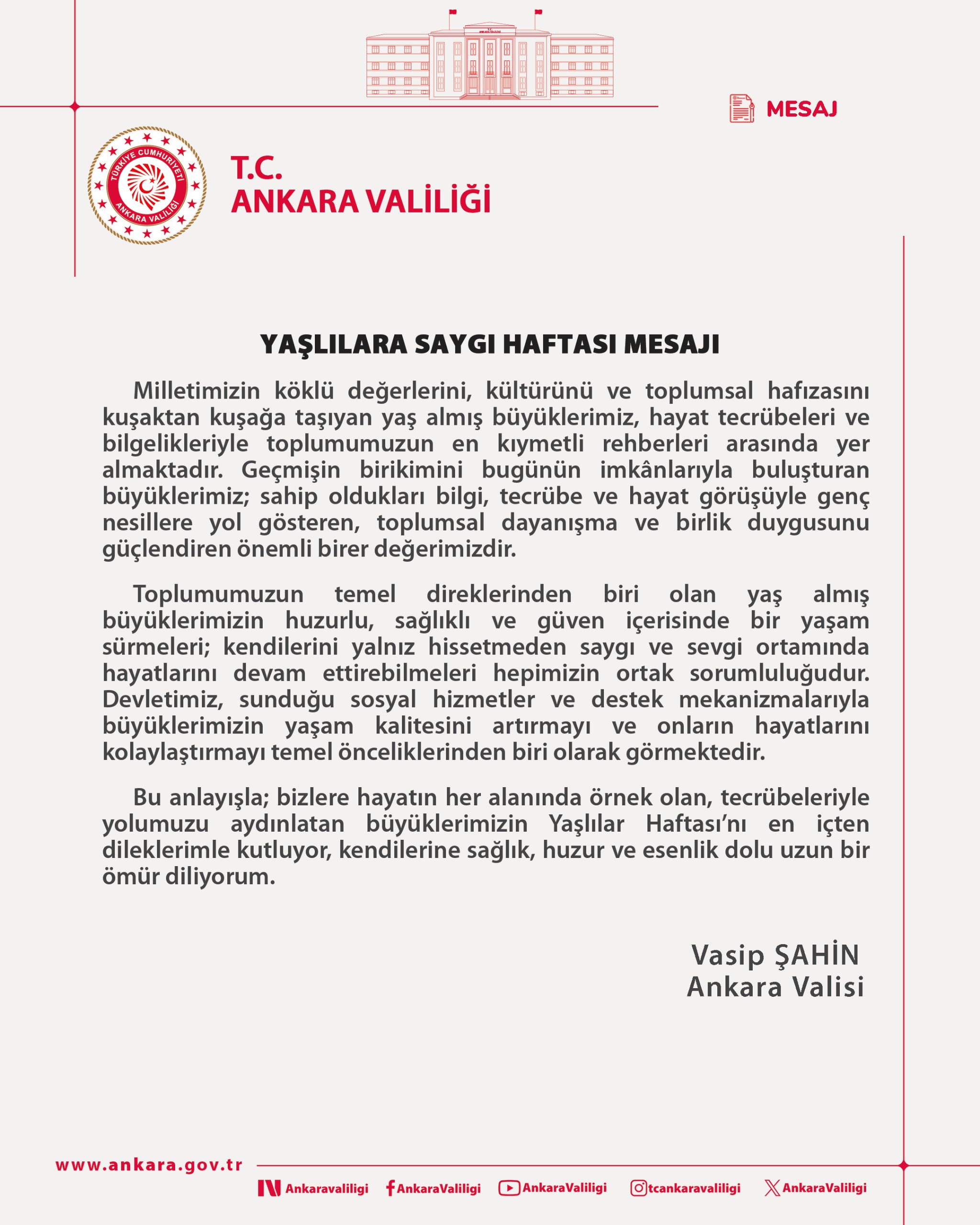 Yaşlılara Saygı Haftası Mesajı
