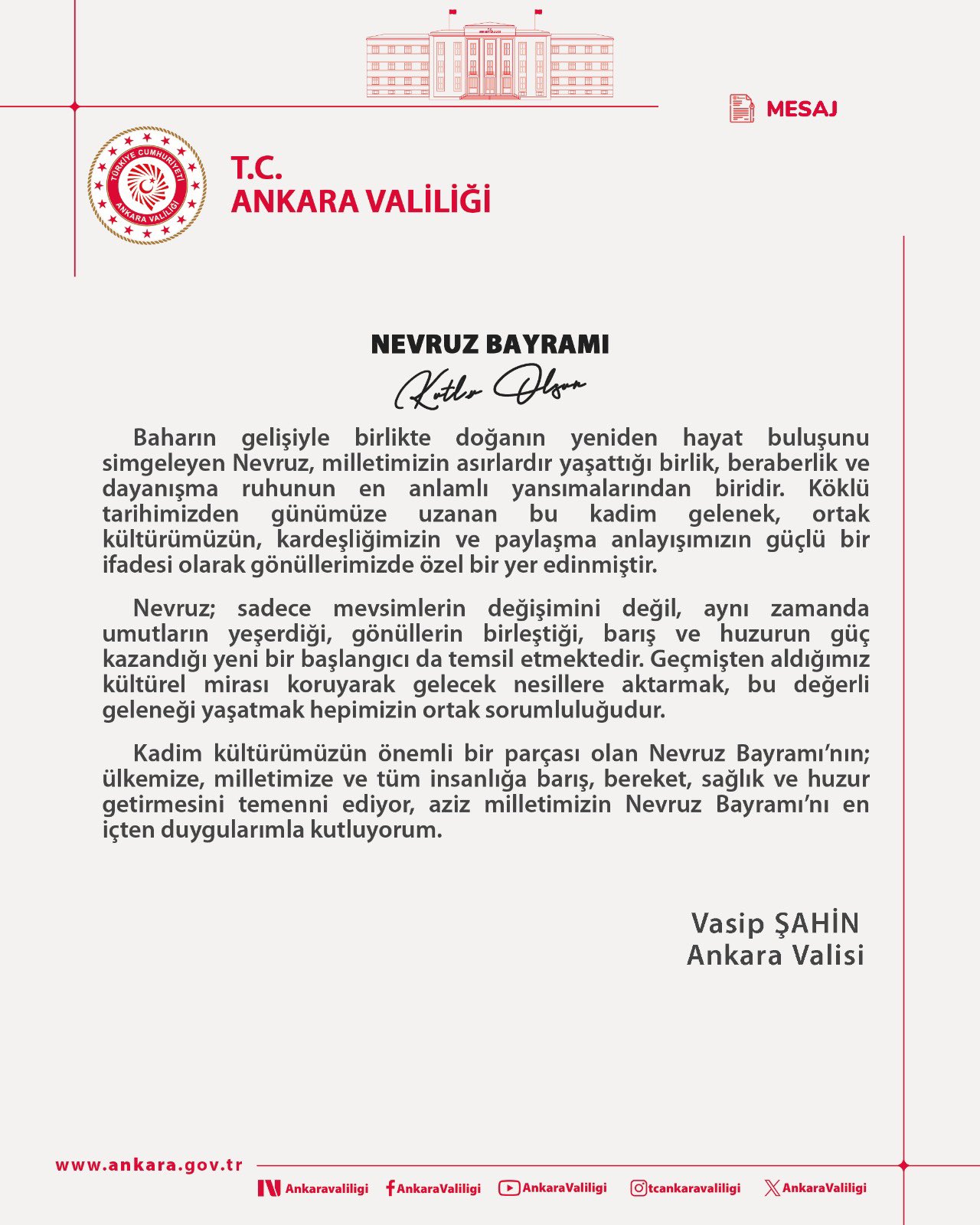 Vali Şahin'den Nevruz Mesajı