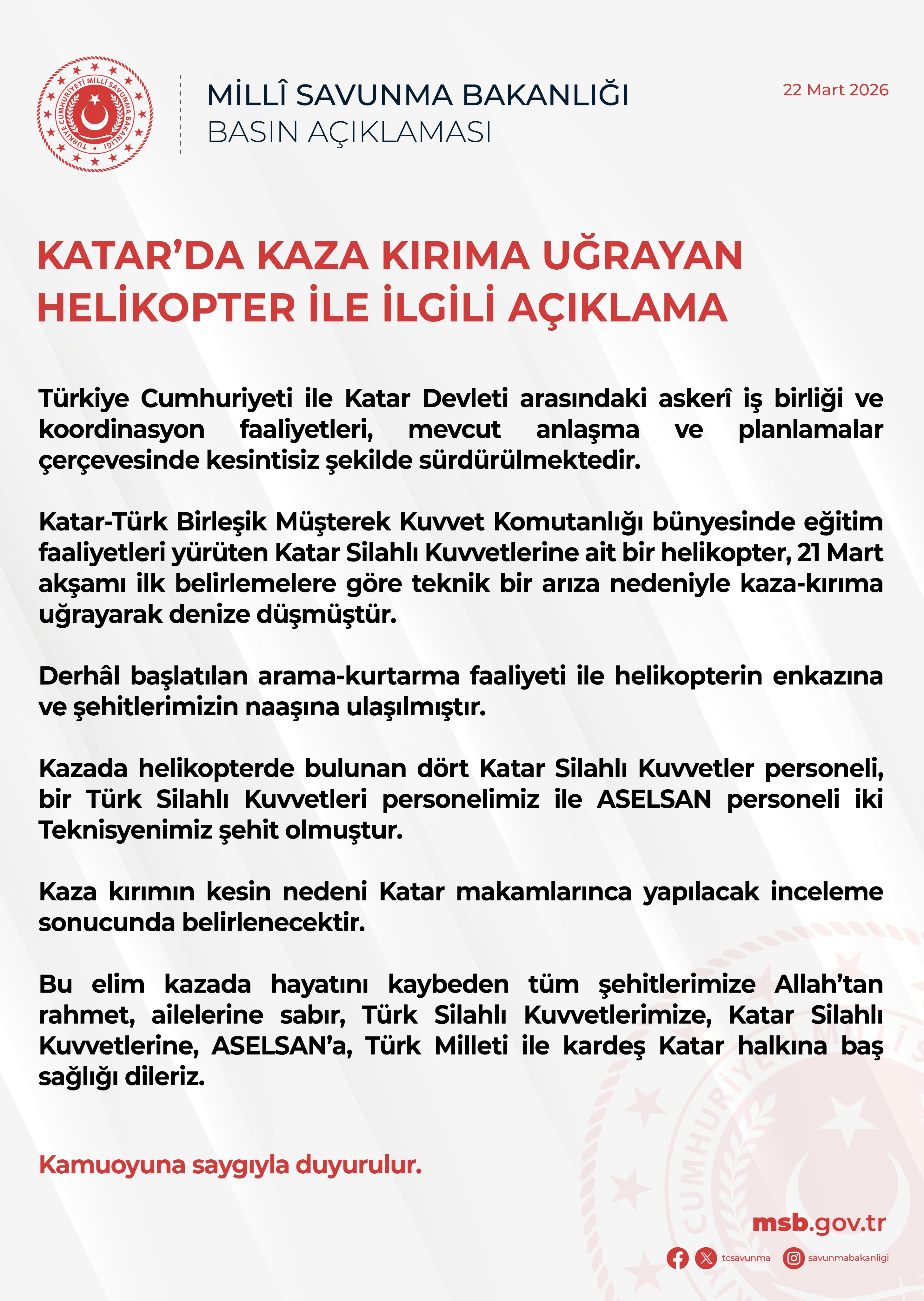 Katar'da Helikopter Kazası Açıklaması