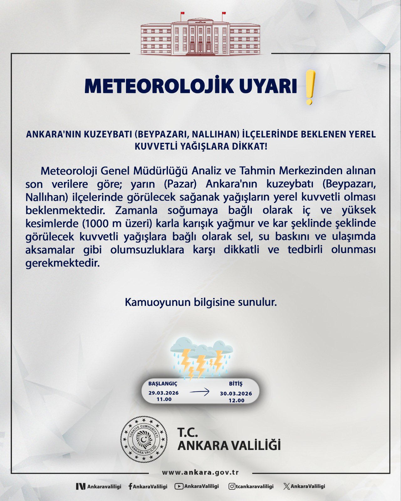 Ankara'da Kuvvetli Yağış Bekleniyor