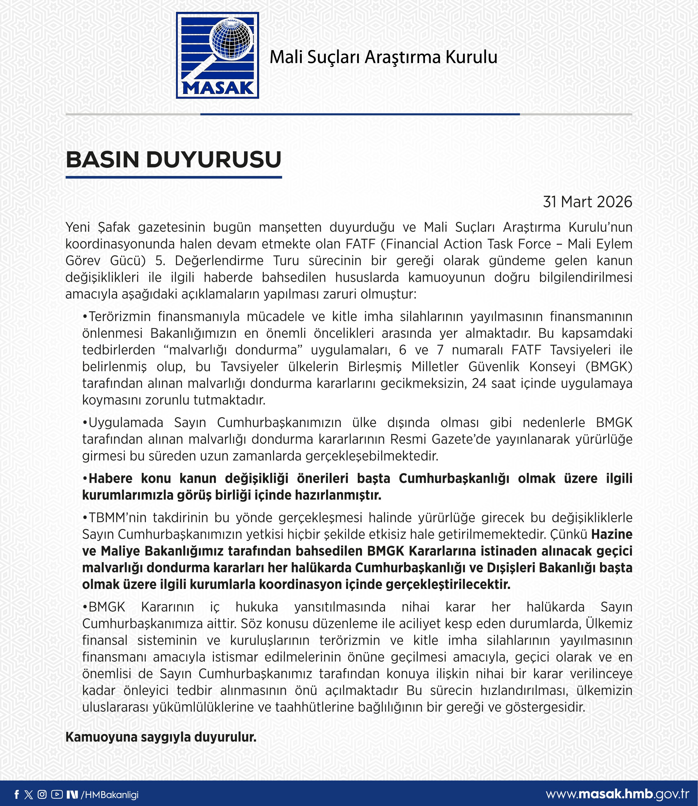 MASAK'tan Basın Duyurusu