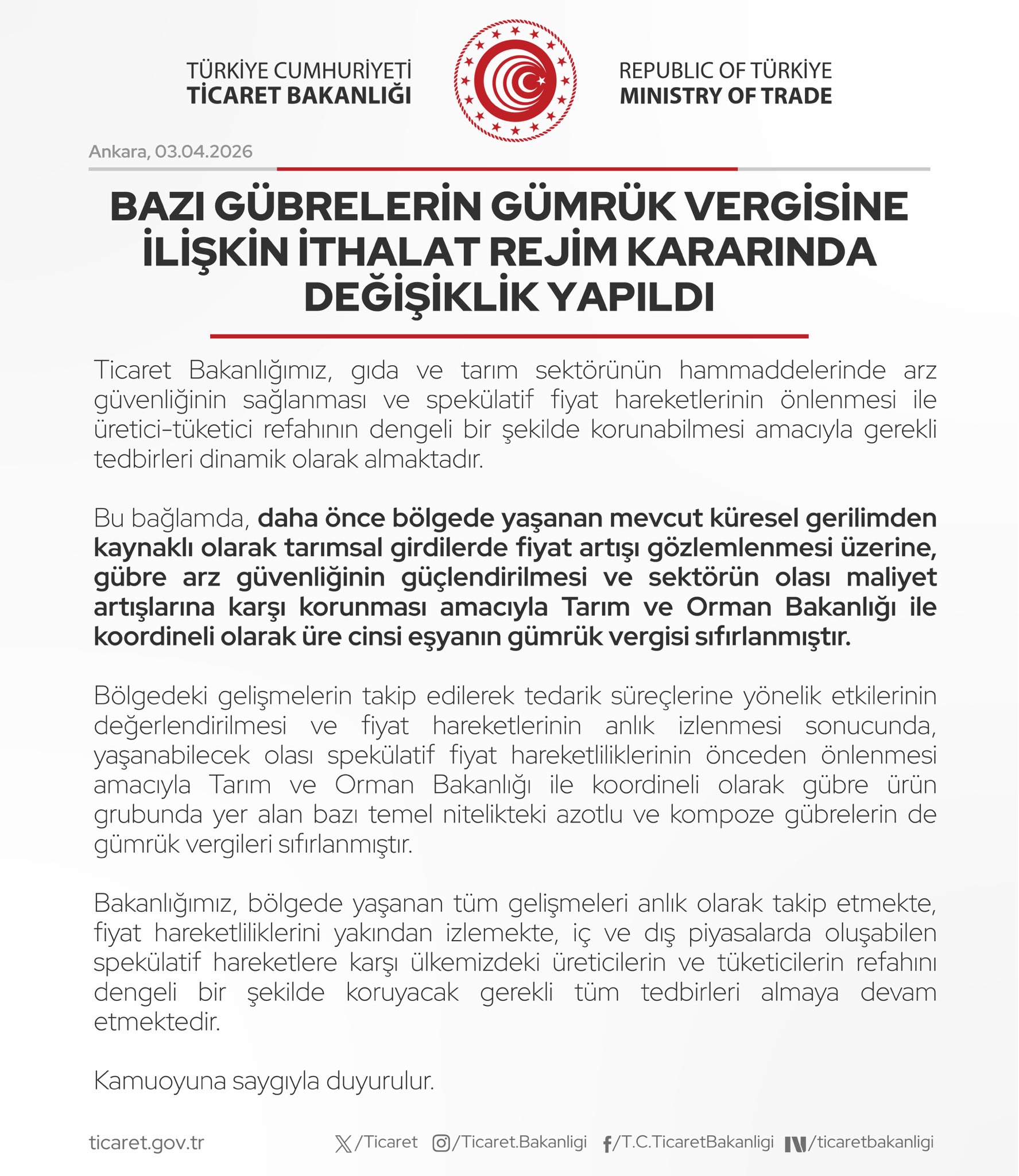 Gübre Gümrük Vergisi Değişikliği