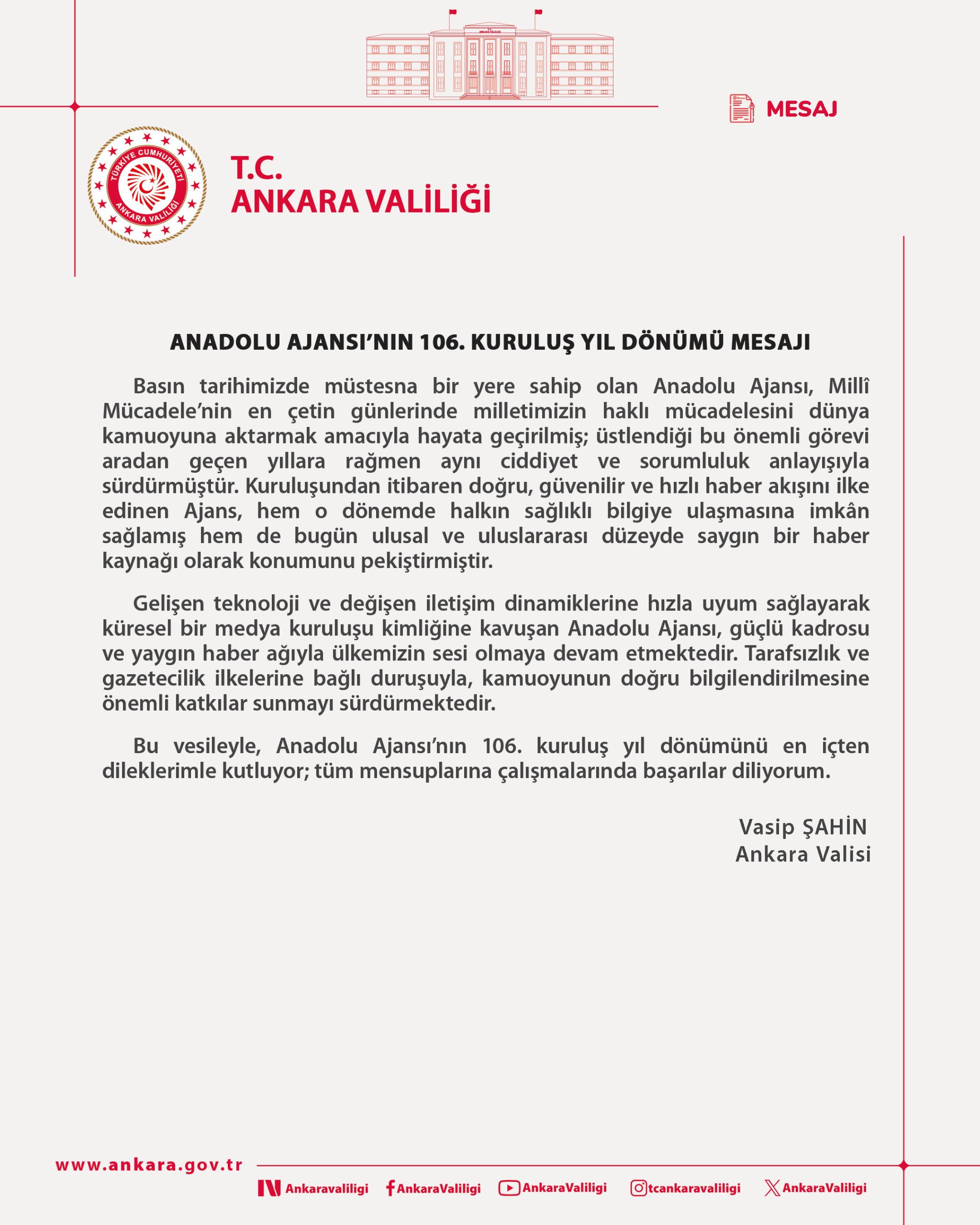 Vali Vasip Şahin'den mesaj