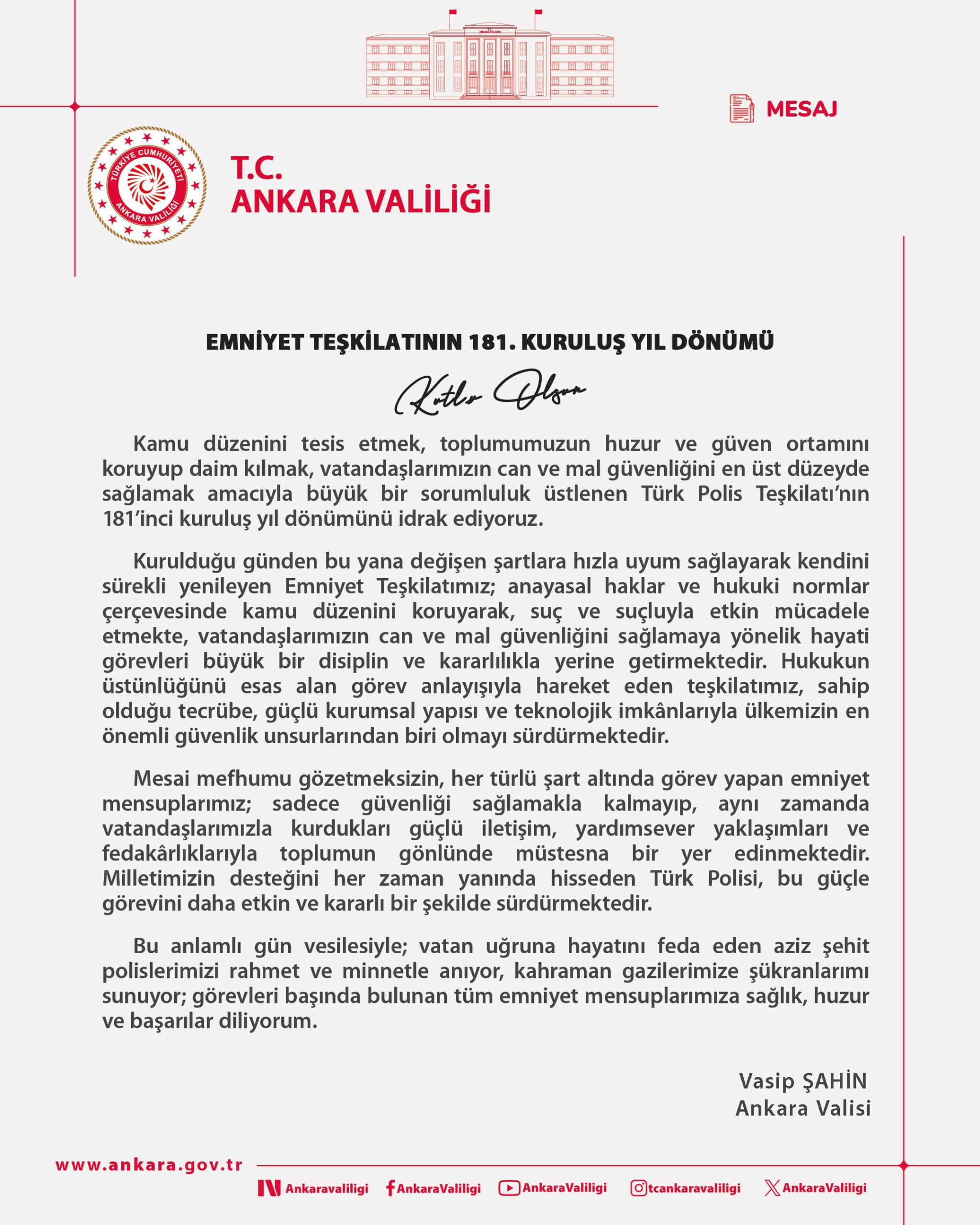 Vali Vasip Şahin'den Türk Polisi'nin 181. Yılı Mesajı