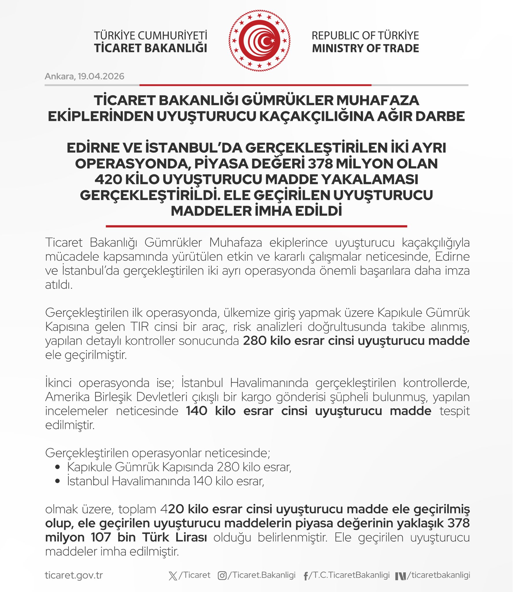 Edirne ve İstanbul'da 420 Kilogram Uyuşturucu Ele Geçirildi