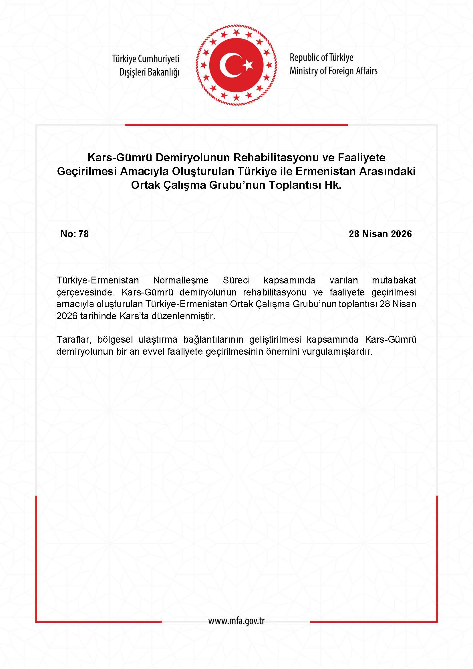 Türkiye ve Ermenistan Demiryolu İçin Ortak Çalışma Grubu Toplandı