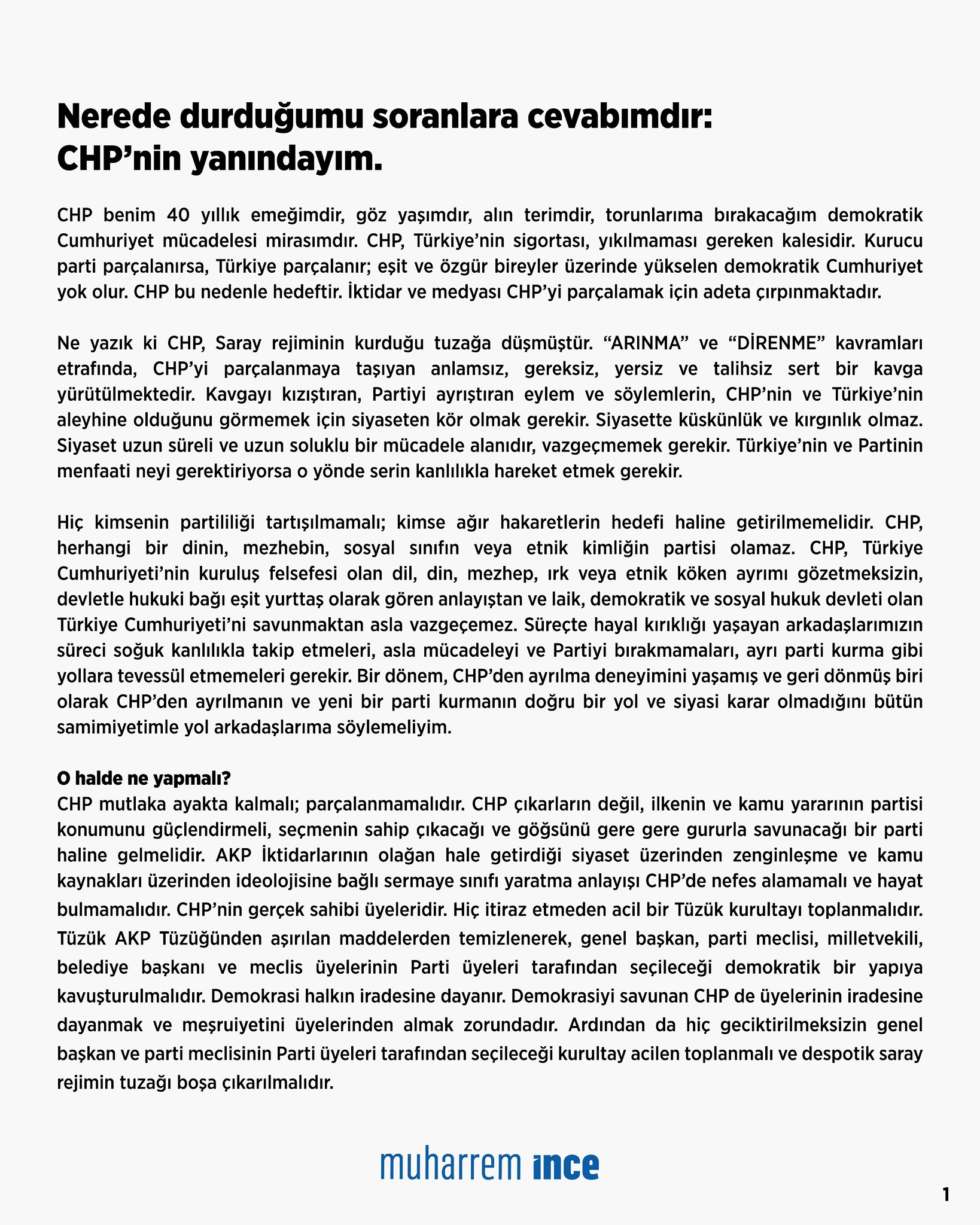 CHP'ye destek verdiğini açıkladı