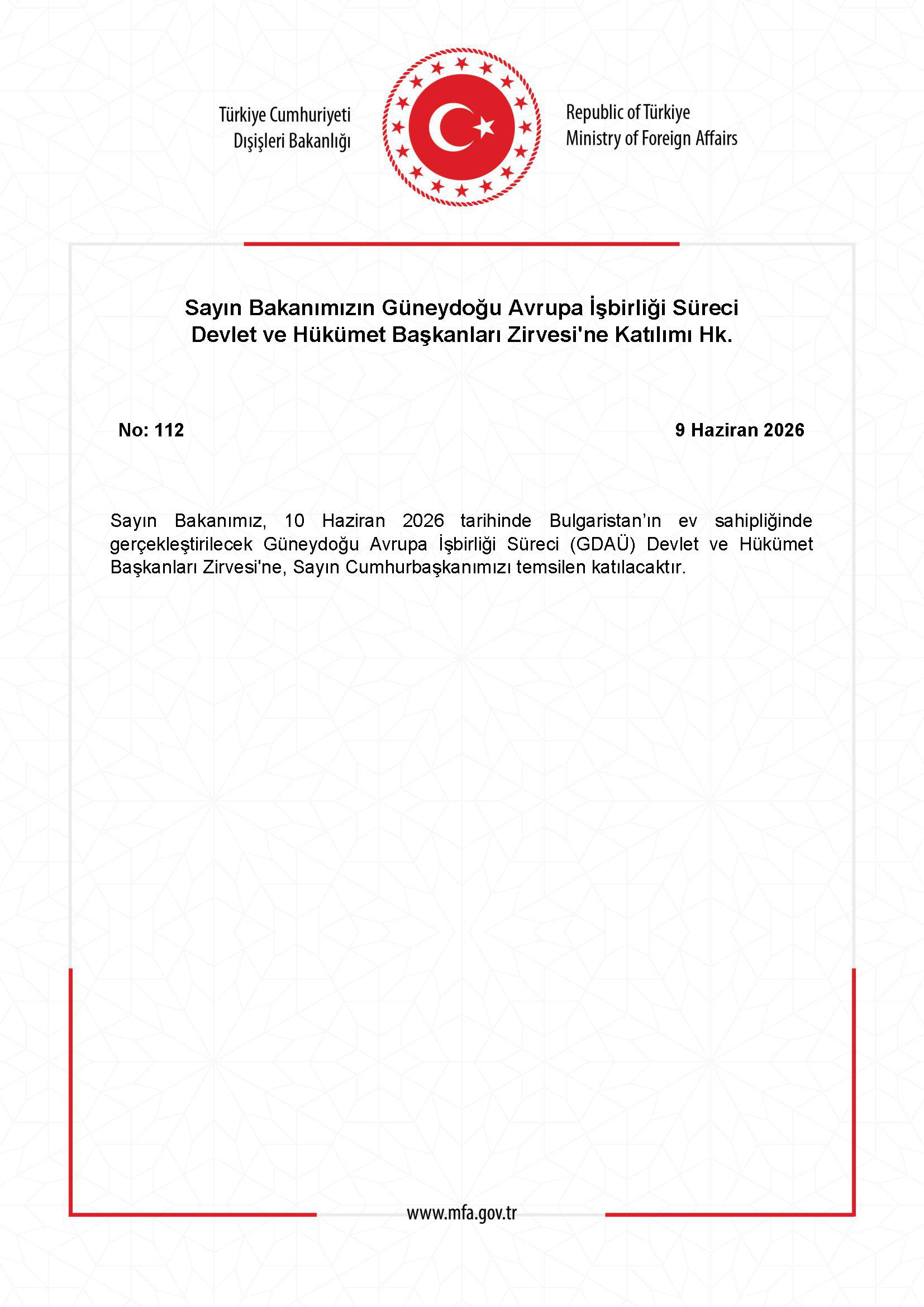 Bakanın Güneydoğu Avrupa Zirvesi'ne Katılımı