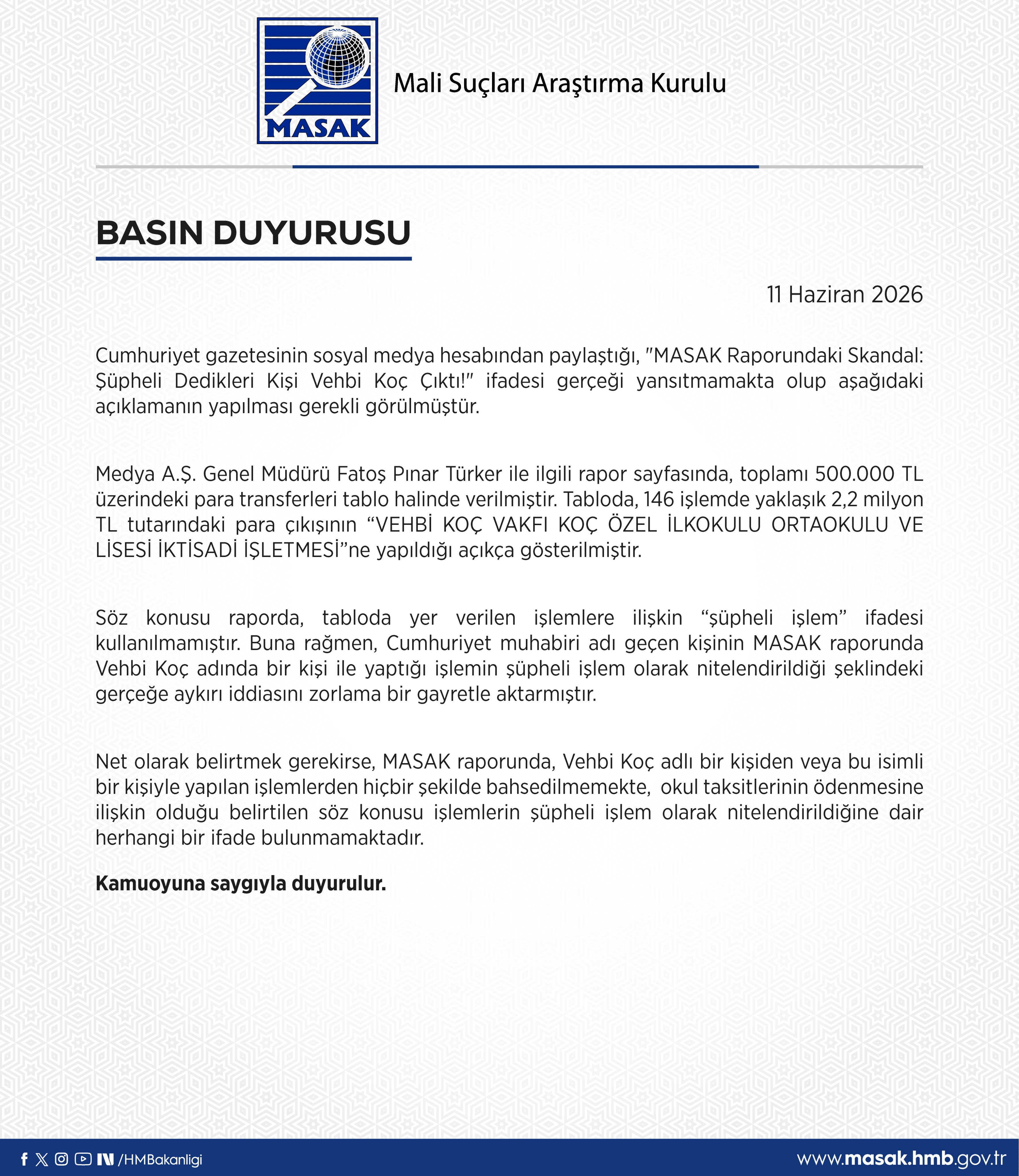MASAK Başkanlığı'ndan 11 Haziran 2026 Duyurusu