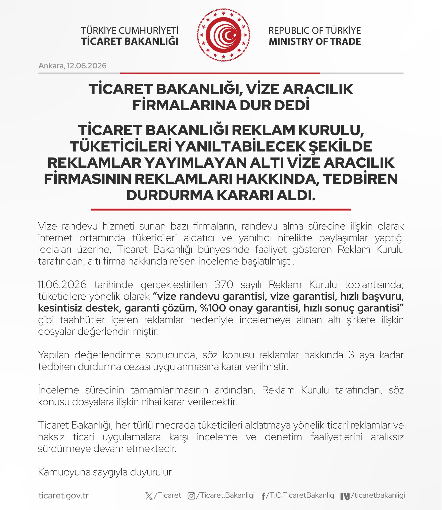 Ticaret Bakanlığı, vize aracılığı yapan firmaları durdurdu