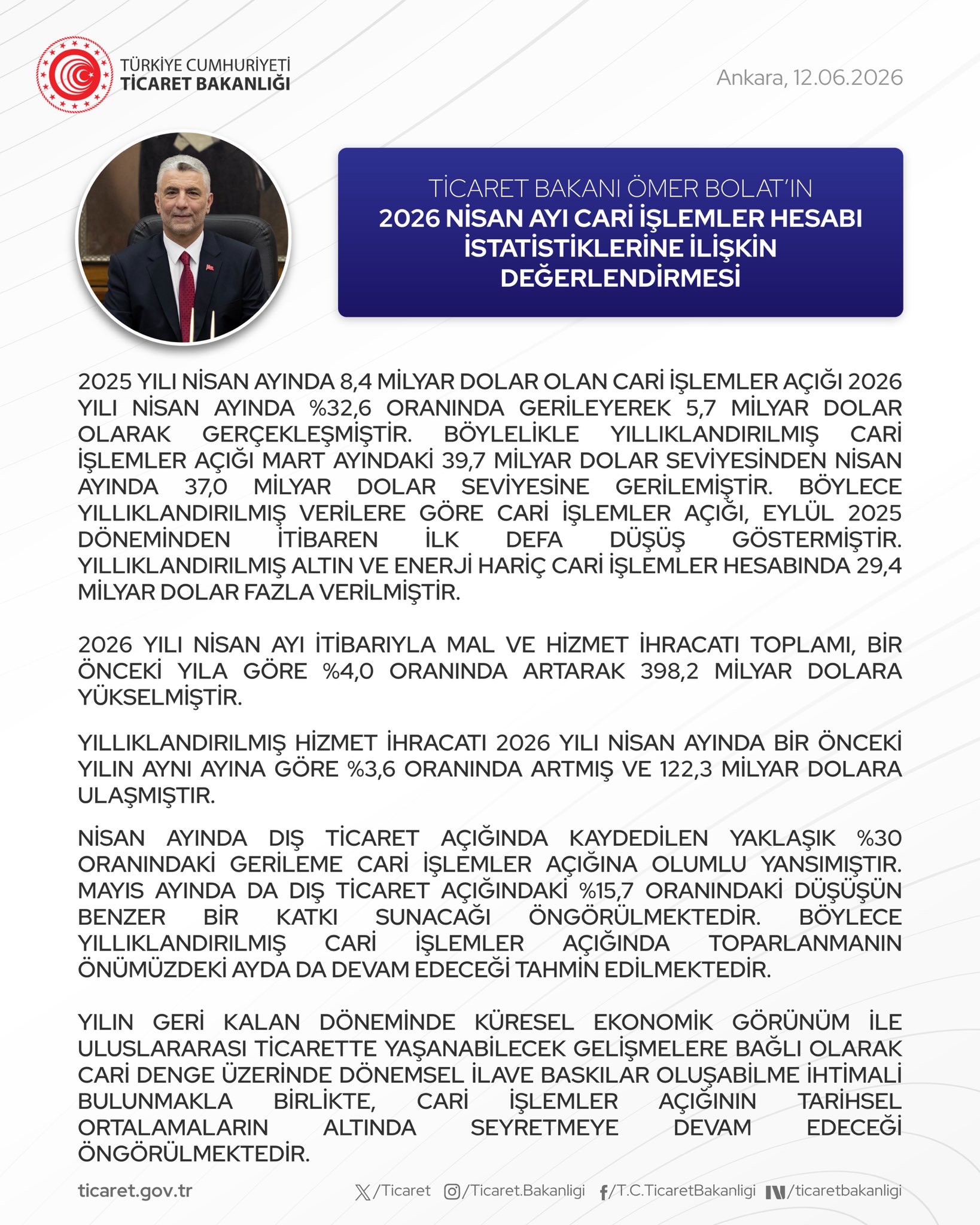Ticaret Bakanı Bolat'tan Cari İşlemler Değerlendirmesi